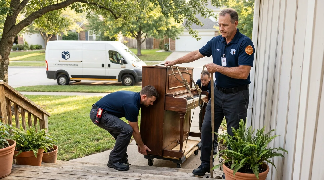 Licensed piano movers securing grand piano in Philmont, NY