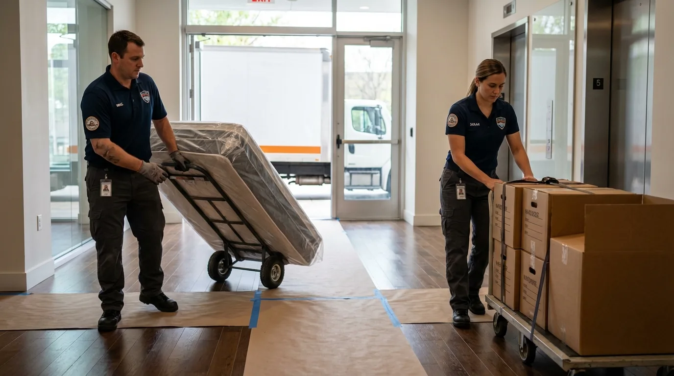 Professional apartment movers loading elevator in Philmont, NY
