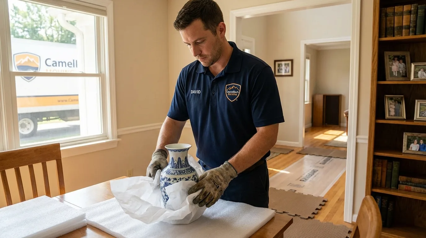 Professional crew carefully wrapping antique vase for senior downsizing move in Philmont, NY